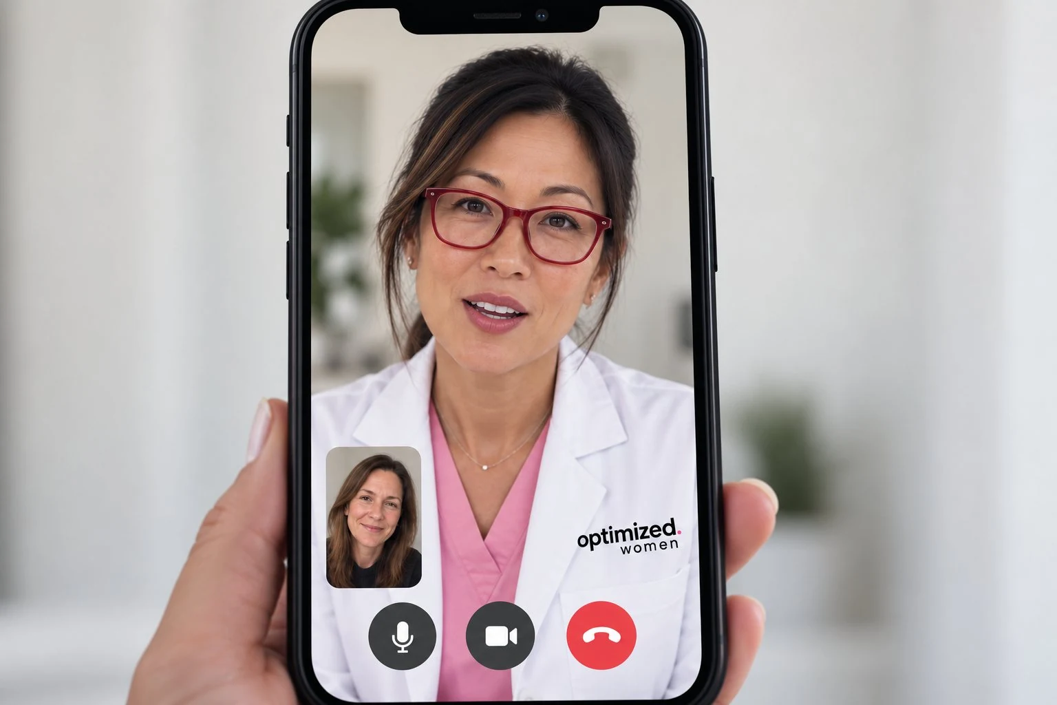 Optimized Women provider on a video visit, shown on a phone