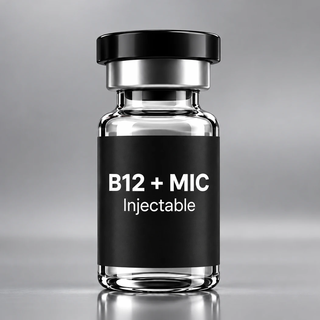 B12 + MIC injectable vial with a black label and cap