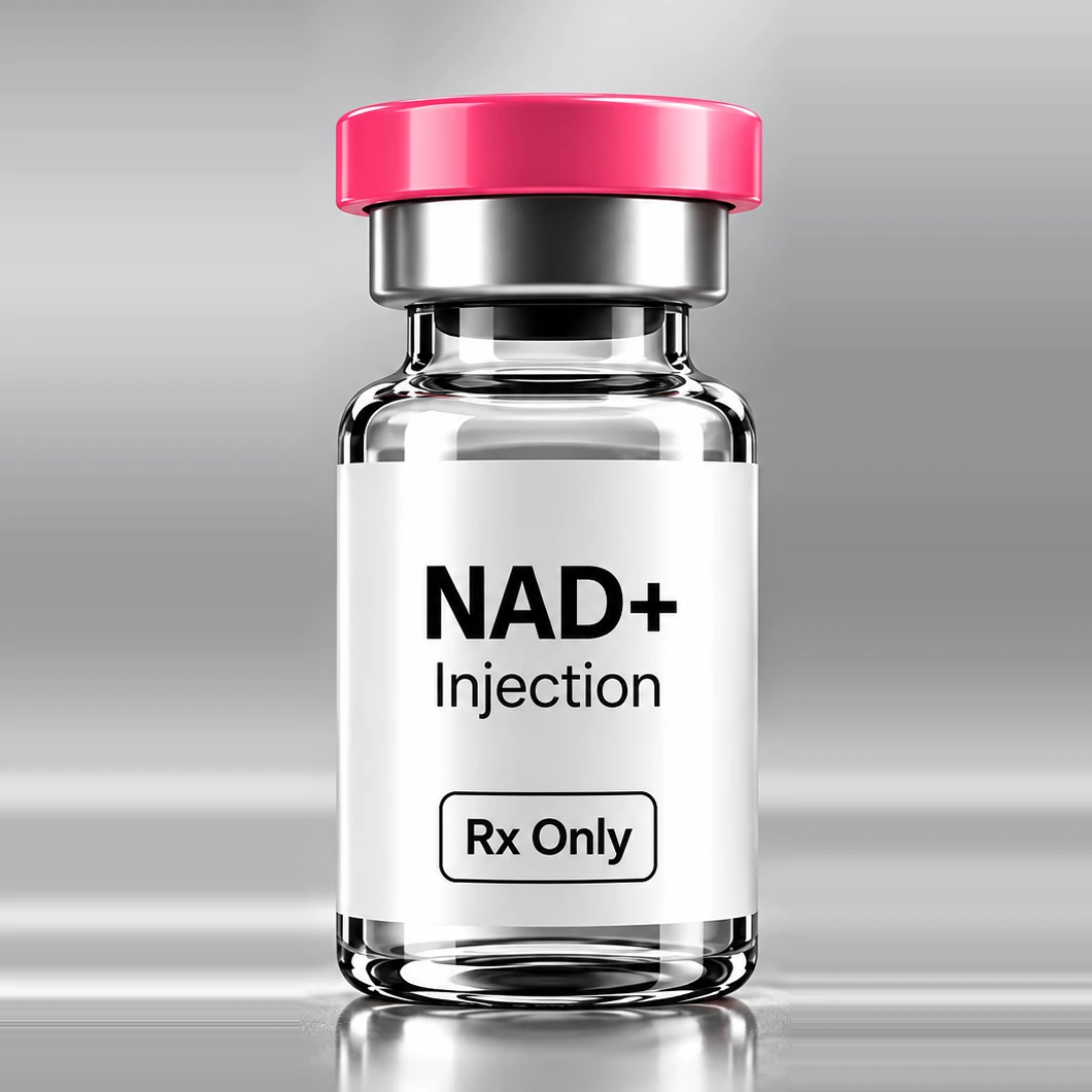 NAD+ Injection vial with a white label and pink cap