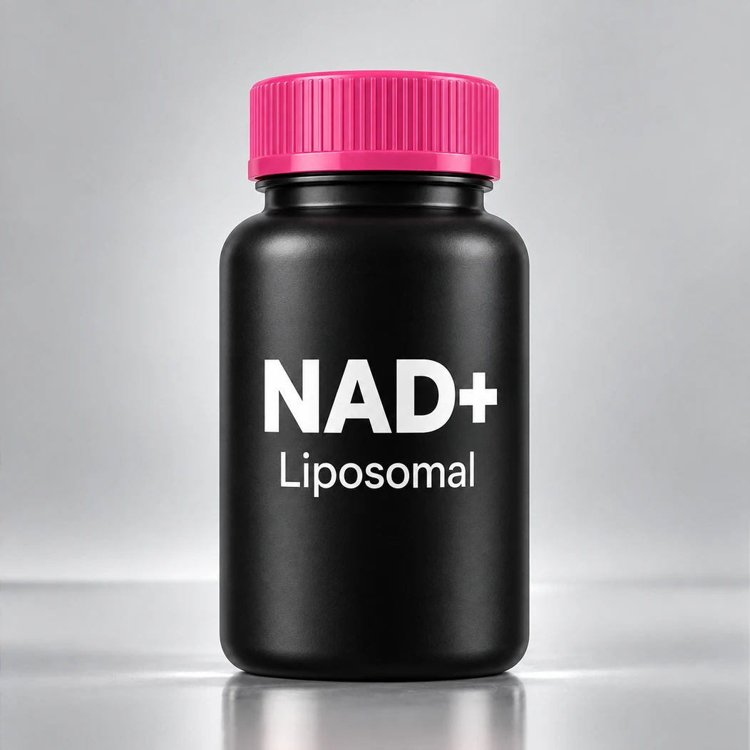 Black NAD+ liposomal bottle with a pink cap