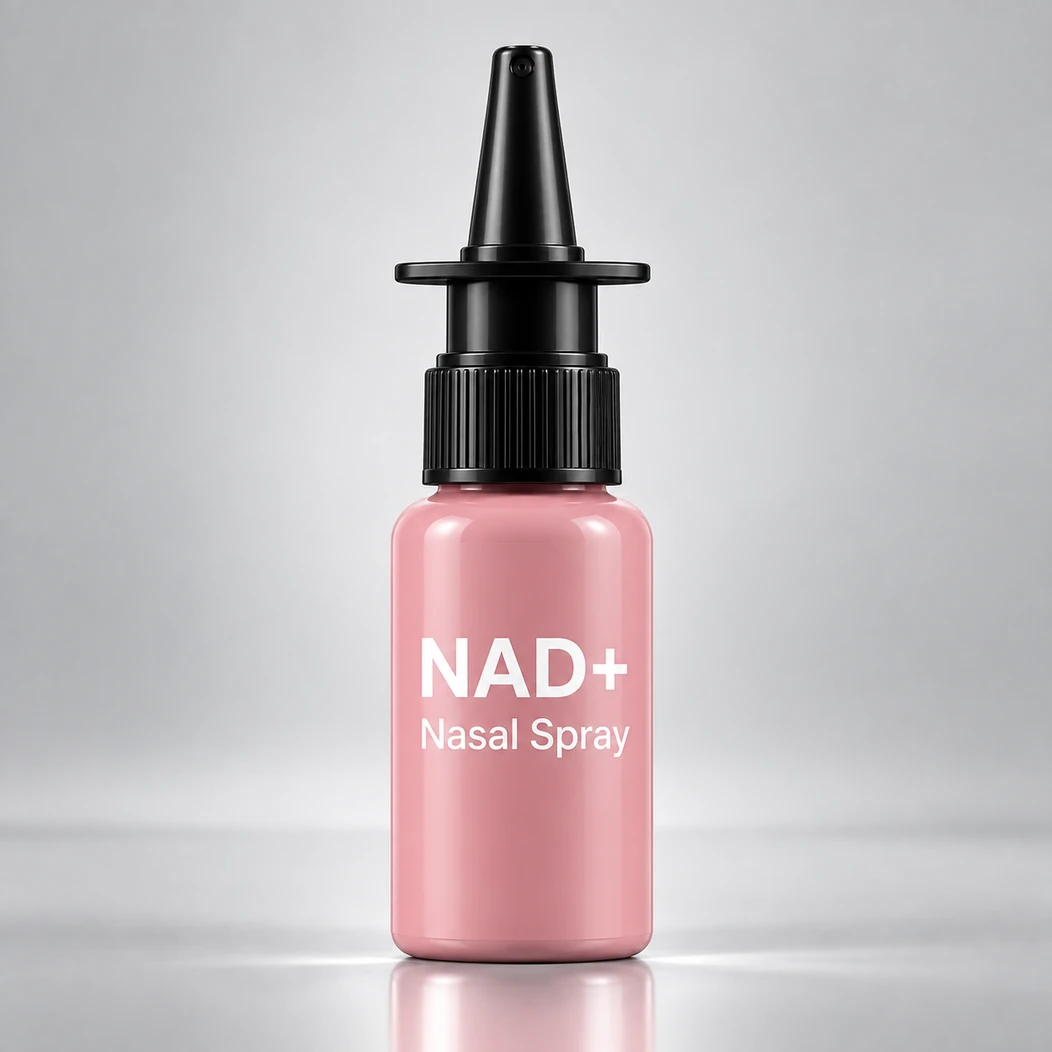 Pink NAD+ nasal spray bottle with a black nozzle