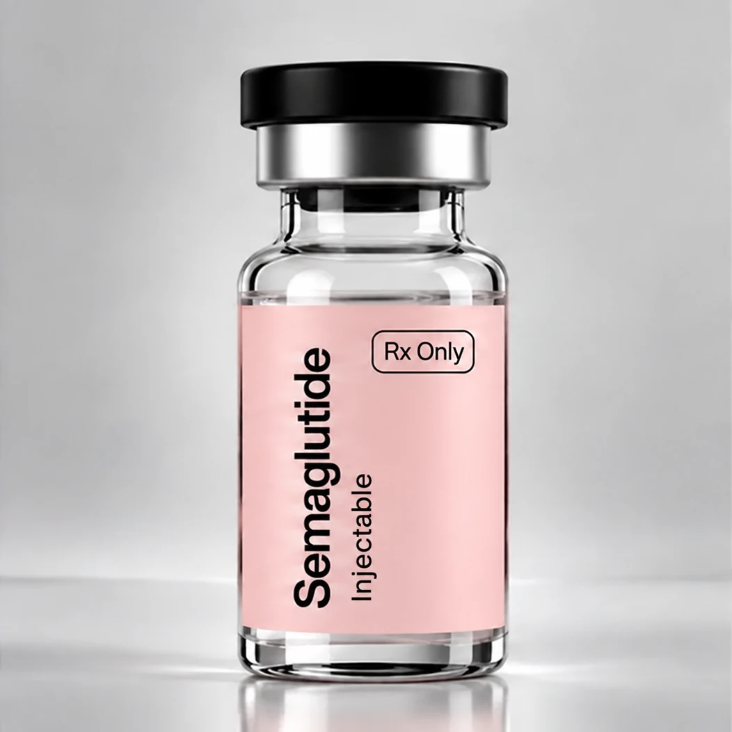 Semaglutide injection vial with a pink label and black cap