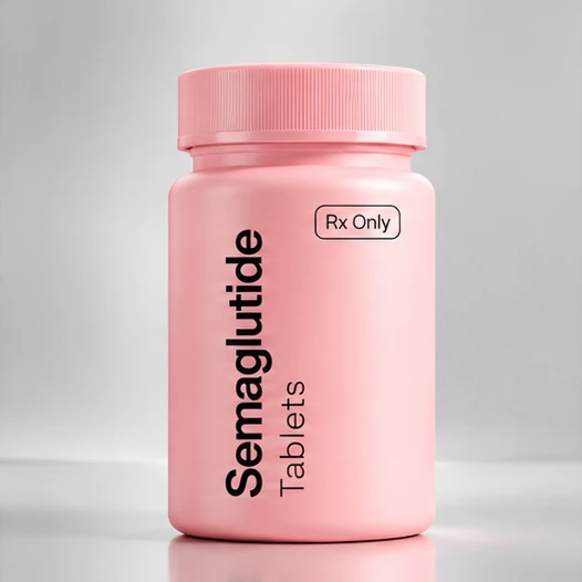Pink bottle labeled Semaglutide Tablets