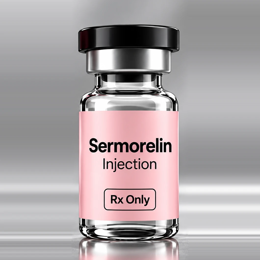 Sermorelin Injection vial with a pink label and black cap