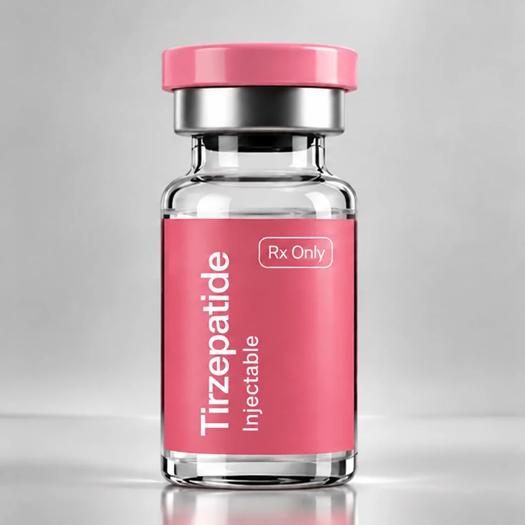 Tirzepatide injection vial with a pink label and cap