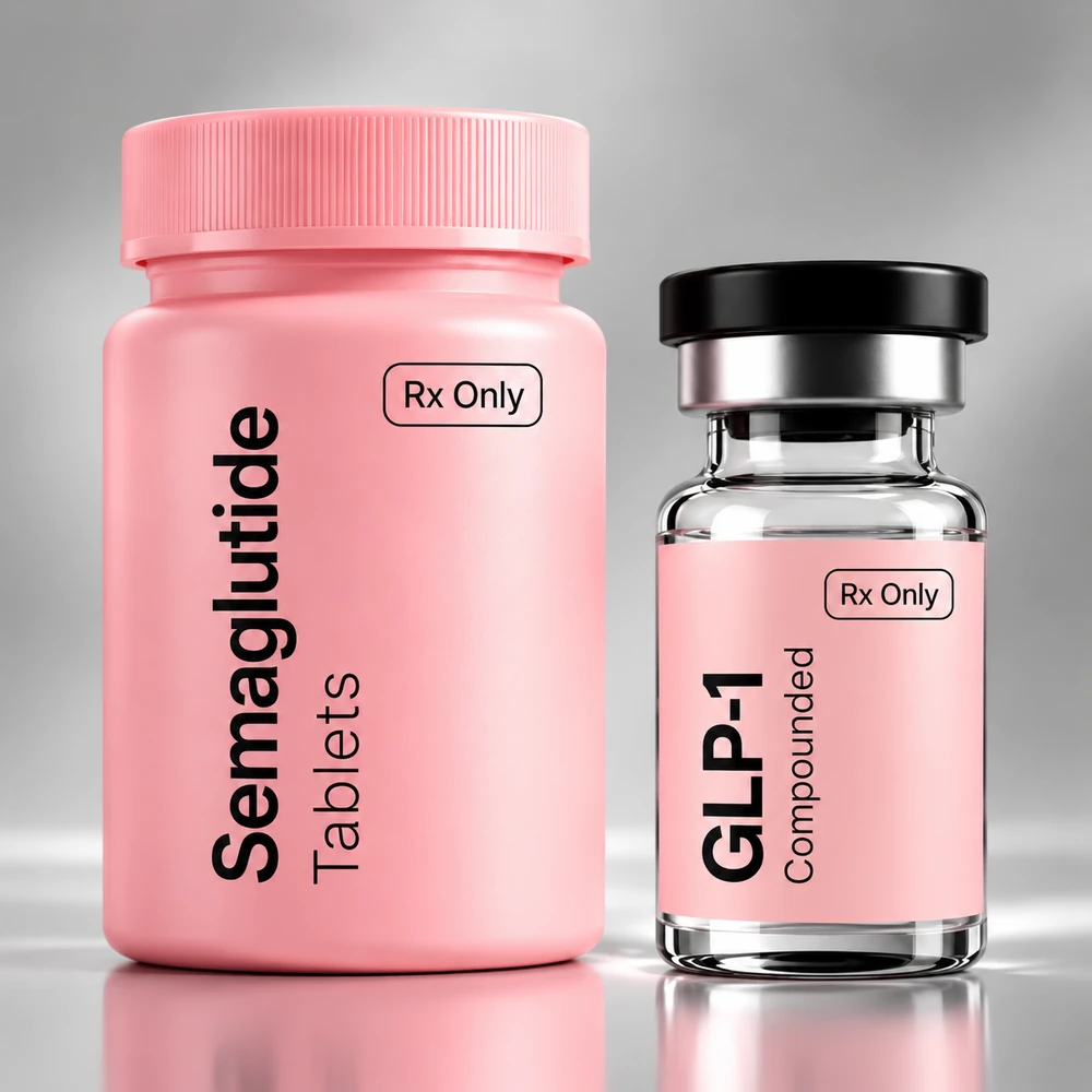 Semaglutide tablets and a compounded GLP-1 injection vial